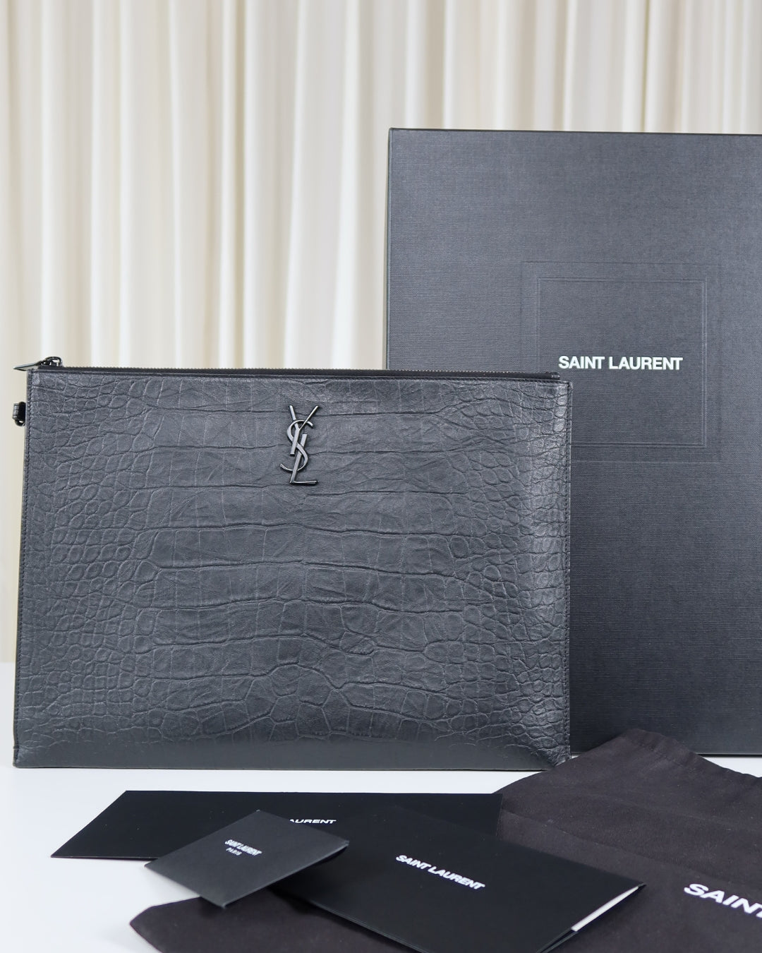 Saint Laurent Monogram Croc-Embossed Leather Pouch