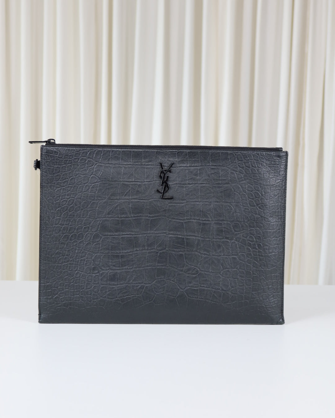 Saint Laurent Monogram Croc-Embossed Leather Pouch