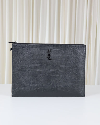 Saint Laurent Monogram Croc-Embossed Leather Pouch