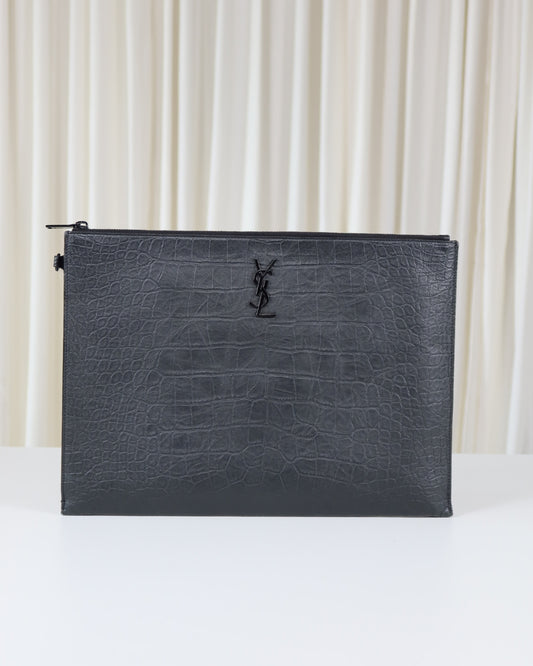 Saint Laurent Monogram Croc-Embossed Leather Pouch