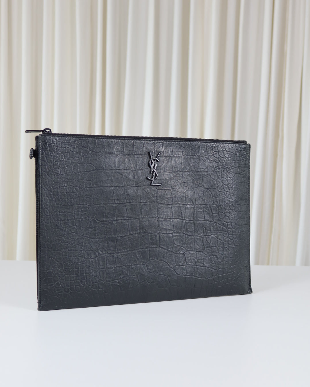 Saint Laurent Monogram Croc-Embossed Leather Pouch