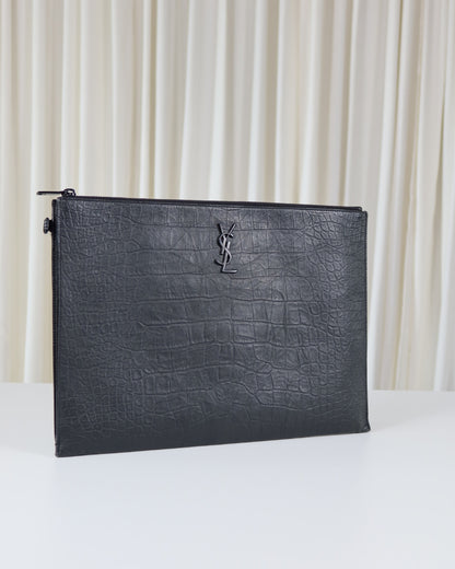 Saint Laurent Monogram Croc-Embossed Leather Pouch