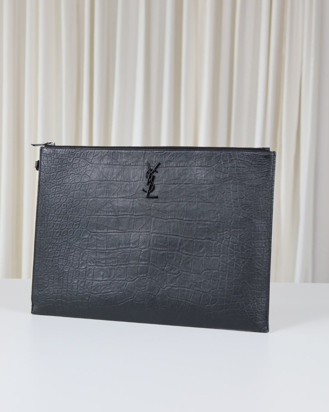 Saint Laurent Monogram Croc-Embossed Leather Pouch