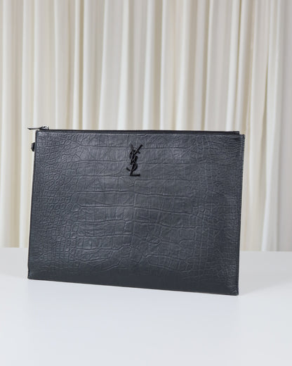 Saint Laurent Monogram Croc-Embossed Leather Pouch