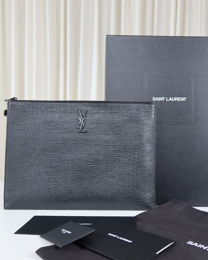 Saint Laurent Monogram Croc-Embossed Leather Pouch