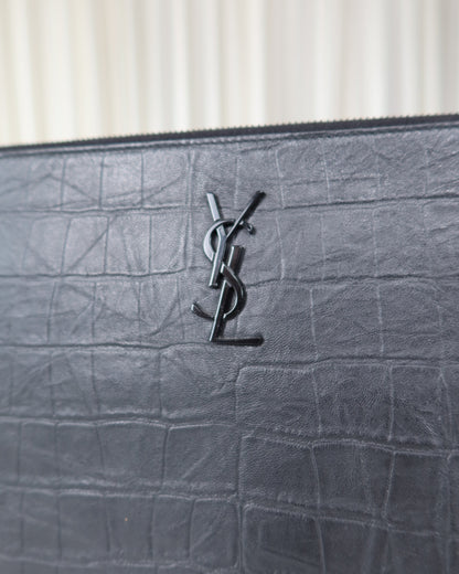 Saint Laurent Monogram Croc-Embossed Leather Pouch