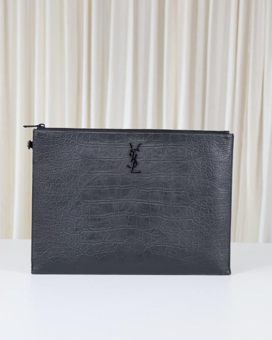 Saint Laurent Monogram Croc-Embossed Leather Pouch